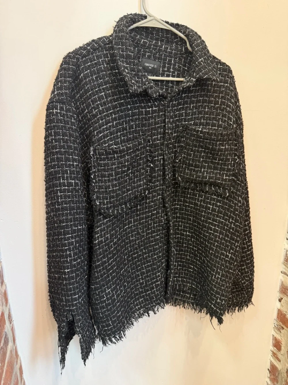 Forever 21 Men Black Tweed Frayed-Hem Blazer Jacket Large
